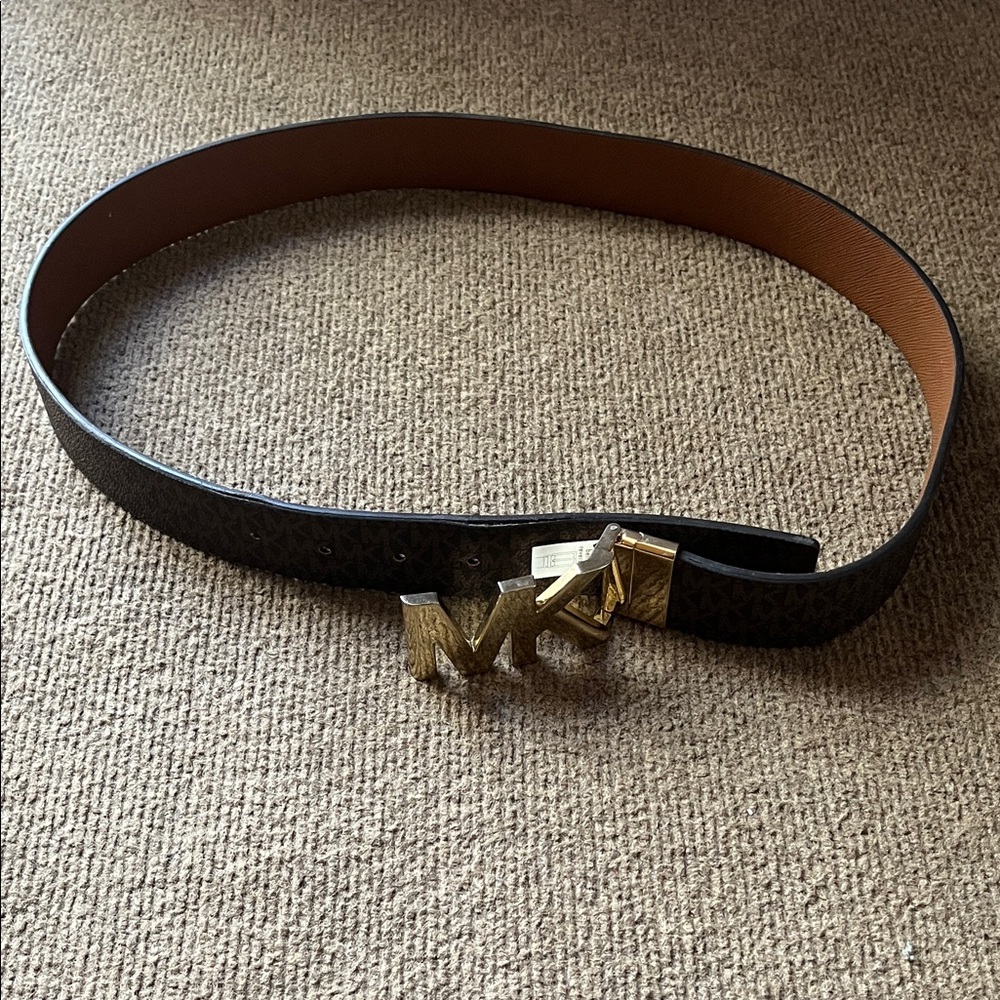 Michael Kors Black & Brown Reversible Belt with Gold MK Buckle